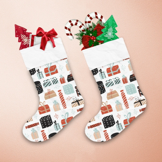 Different Shaped Of Gift Boxes On White Background Christmas Stocking 1