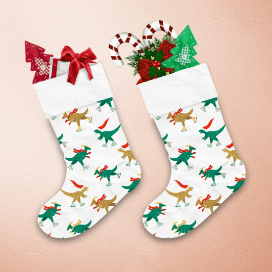 Dinosaurs With Red Scarf Skating On Ice Christmas Stocking 1