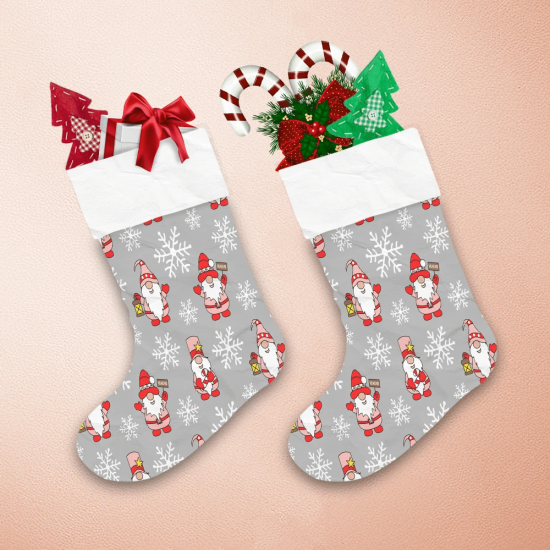 Doodle Cartoon Gnomes With Snowflakes Canday Canes And Lantern Christmas Stocking 1