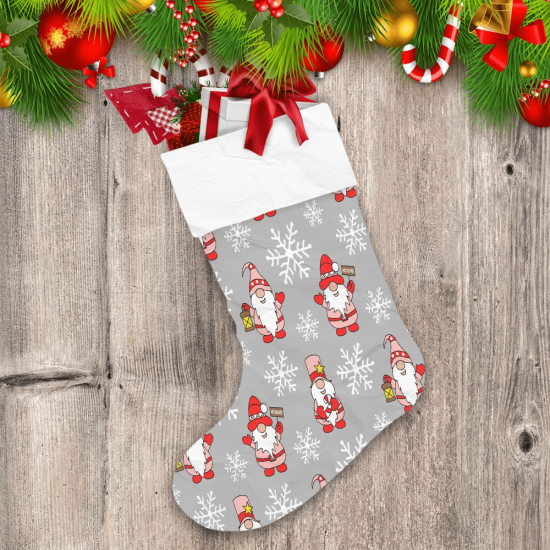 Doodle Cartoon Gnomes With Snowflakes Canday Canes And Lantern Christmas Stocking