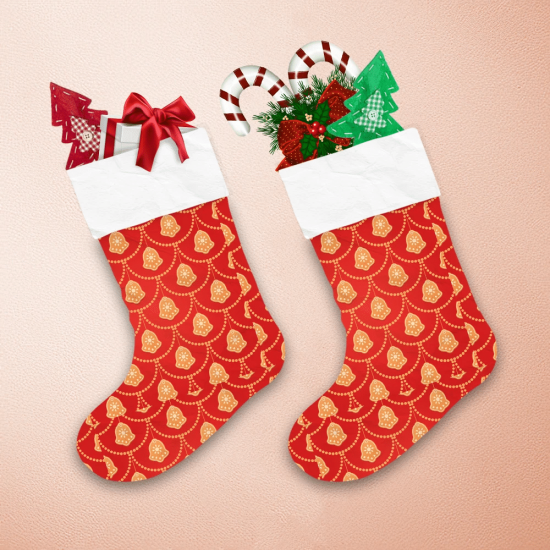 Dotted Line Scale With Gingerbread Ringing Bells On Red Background Christmas Stocking 1
