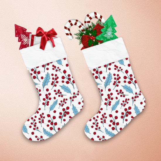 Drawing Red Berries And Blue Leaves On White Background Christmas Stocking 1
