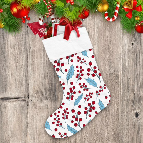Drawing Red Berries And Blue Leaves On White Background Christmas Stocking