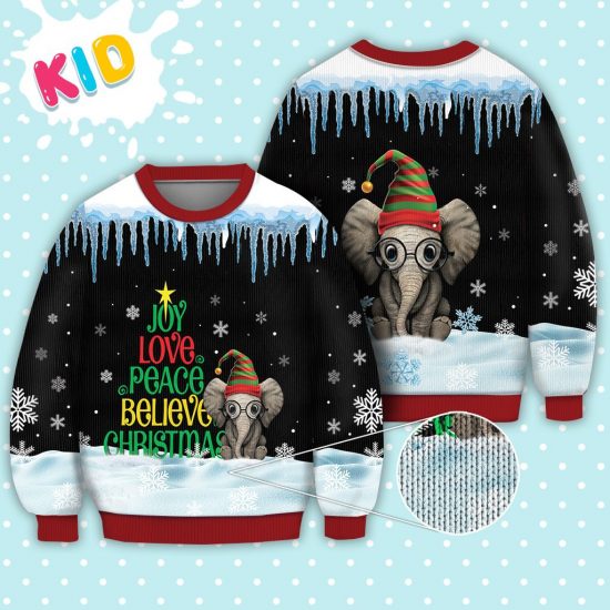 Elephant Joy Love Peace Believe Christmas Sweater Christmas Knitted Sweater Print Fashion Sweatshirt For Everyone 1