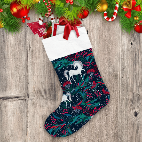 Fairytale Magical White Unicorn On Red Berries Branches Background Christmas Stocking