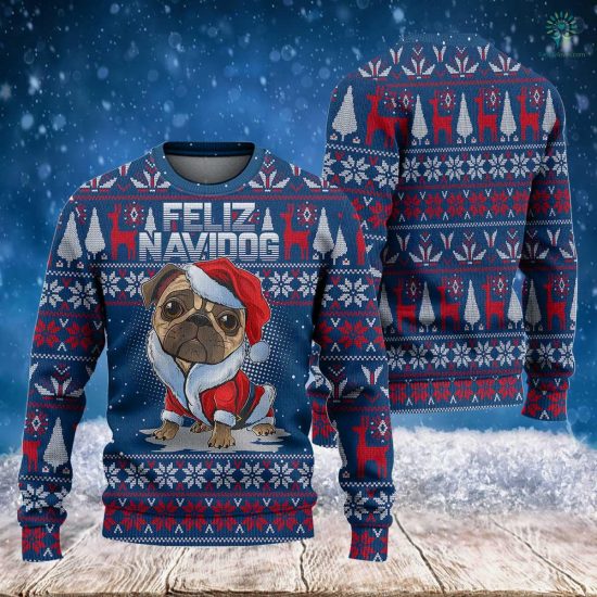 Feliz Navidog Christmas Sweatshirt - Ugly Christmas Sweatshirt - Knitted Pug Dog - Christmas Sweatshirt