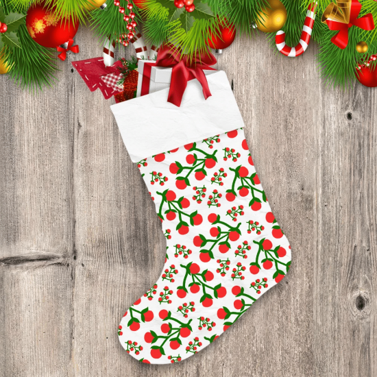 Festive Pattern Lingonberry And Red Berry With Green Leaf Christmas Stocking