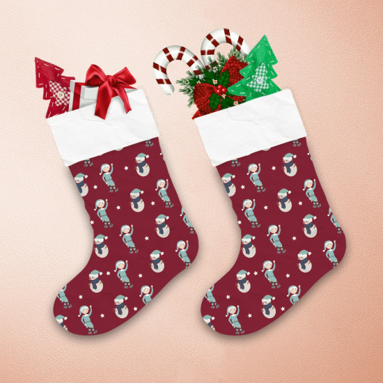 Friendly Gnomes And Snowman On Red Background Christmas Stocking 1