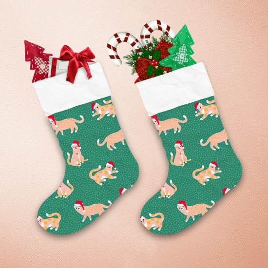 Funny Cats In Red Hats On Green Polka Dot Christmas Stocking 1