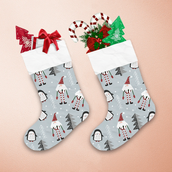 Funny Penguins And Gnomes Xmas Trees Illustration Christmas Stocking 1