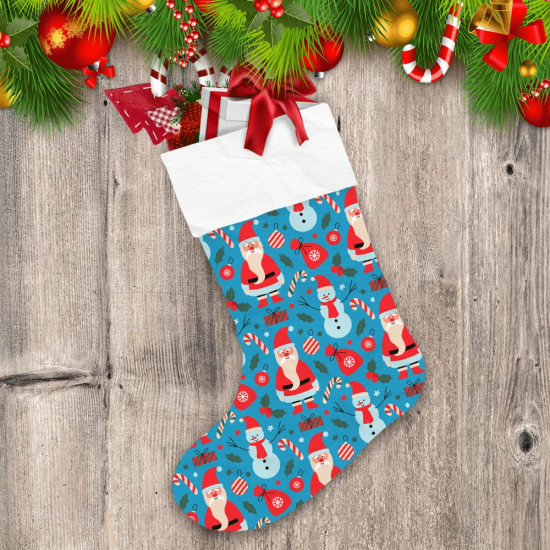 Funny Santa Clau With Gift Bag And Sweet Candy Cane Christmas Stocking