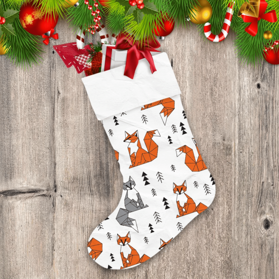 Geometric Fox And Black Tree On White Christmas Stocking