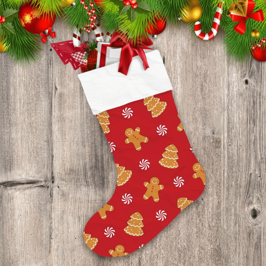 Gingerbread Cookies And Christmas Candy On Red Background Christmas Stocking