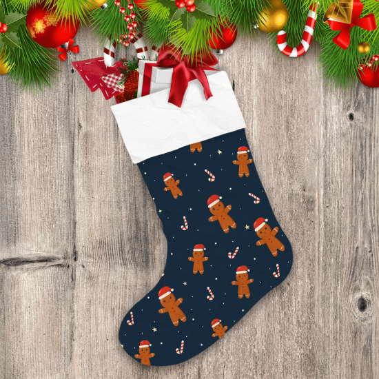 Gingerbread Man Santa Hat With Candy Cane On Blue Background Christmas Stocking