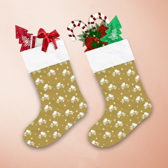 Gold Christmas Pickup Car Pattern With Spruce Tree Truck Clipart Snowflakes Christmas Stocking 1