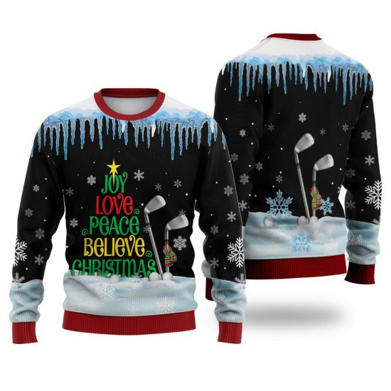 Golf Joy Love Peace Believe Christmas Sweater Christmas Knitted Sweater Print Fashion Sweatshirt For Everyone