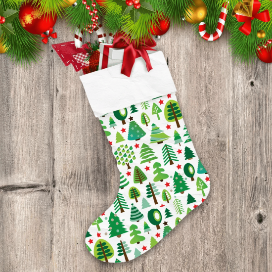 Green Cute Christmas Trees And Red Stars Christmas Stocking