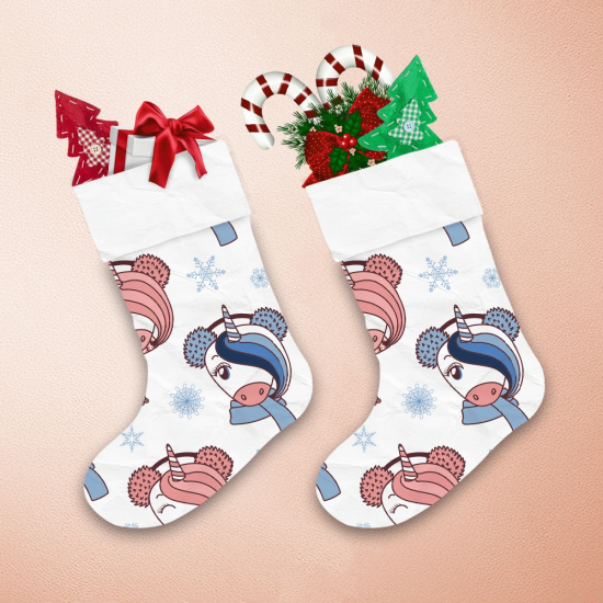 Hand Drawn Cute Unicorn Faces And Snowflakes On White Background Christmas Stocking 1