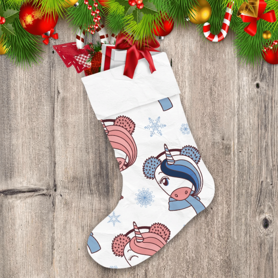Hand Drawn Cute Unicorn Faces And Snowflakes On White Background Christmas Stocking