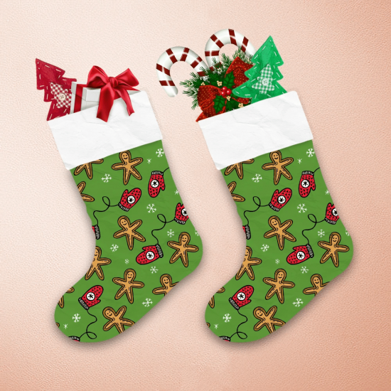 Hand Drawn Doodle Isolated Mittens Gingerbread Man And Snowflakes Christmas Stocking 1