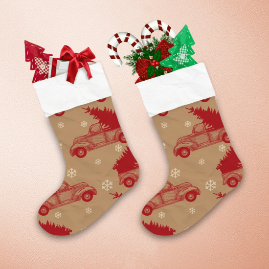 Hand Drawn Red Truck With Christmas Tree Snowflakes On Craft Paper Christmas Stocking 1