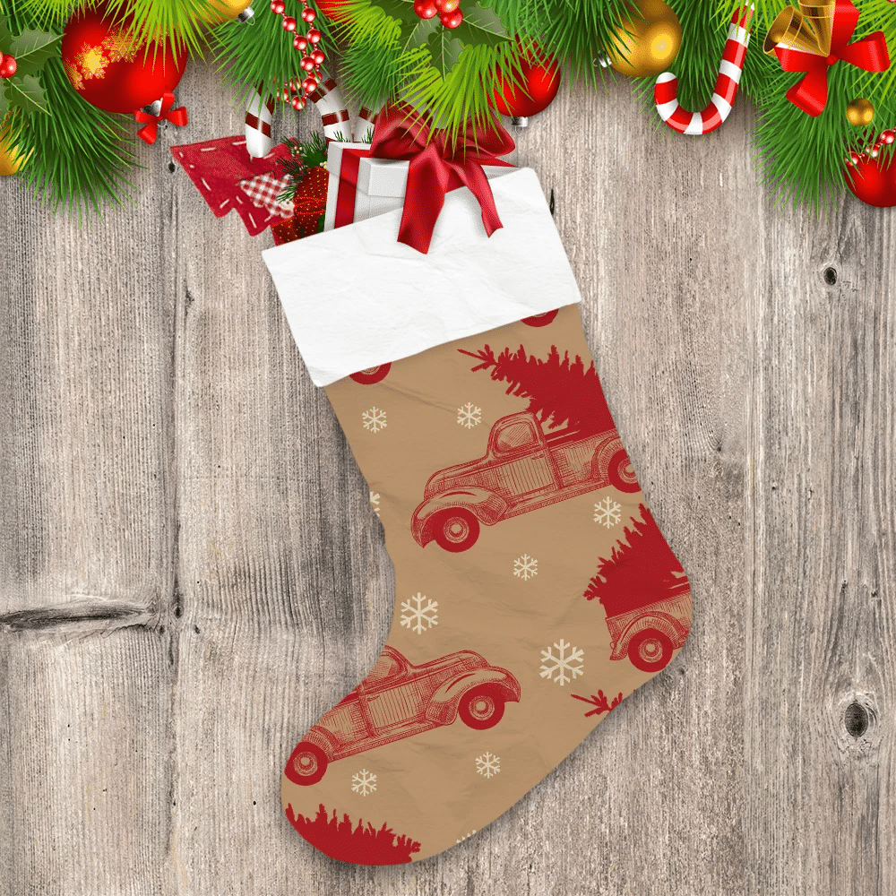 Hand Drawn Red Truck With Christmas Tree Snowflakes On Craft Paper Christmas Stocking