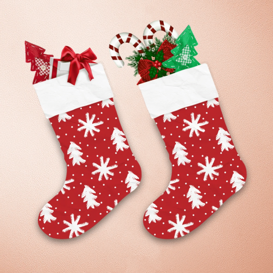 Hand Drawn Repeated Silhouette Trees Snowflakes On Red Background Christmas Stocking 1