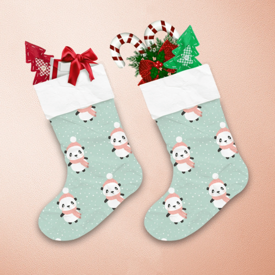 Happy Cartoon Panda With Pink Scarf In Snow On Christmas Holiday Christmas Stocking 1