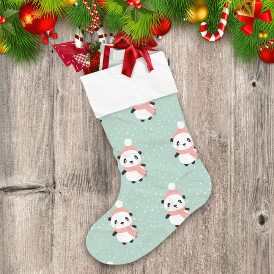 Happy Cartoon Panda With Pink Scarf In Snow On Christmas Holiday Christmas Stocking