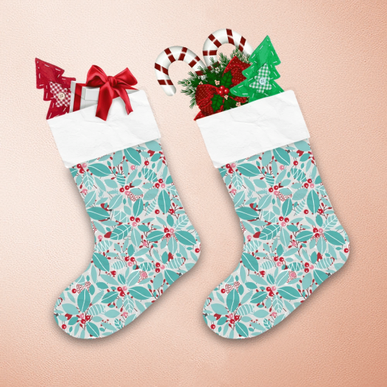 Happy Holiday Illustrated Green Leaves And Red Berries Christmas Stocking 1