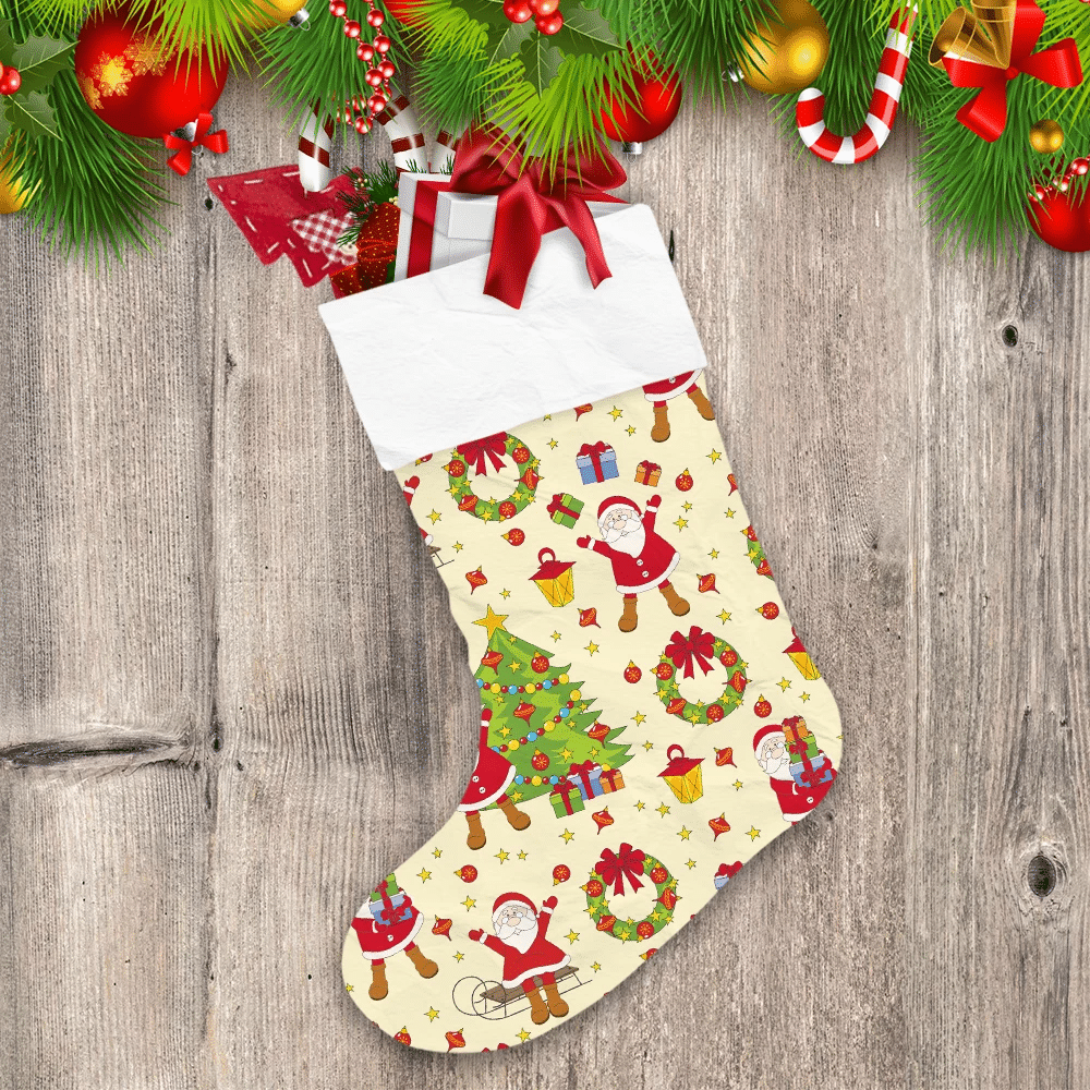Happy-Santa-Claus-With-Colorful-Christmas-Ornament-Pattern-Christmas-Stocking Happy Santa Claus With Colorful Christmas Ornament Pattern Christmas Stocking
