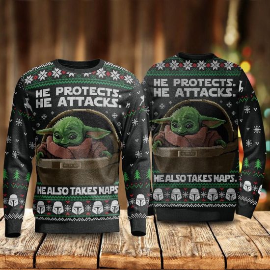 He Protects He Also Take Naps Yoda Christmas Sweatshirt