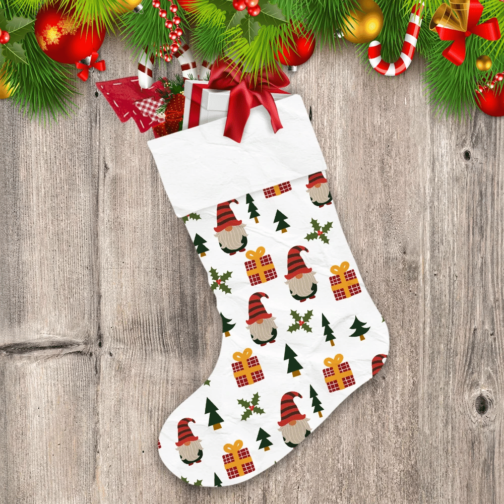 Holiday Pattern With Cartoon Gnomes Present Tree Decor Elements Christmas Stocking