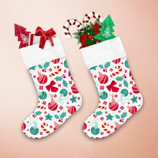 Holly Christmas Candy Cane Balls Star And Bow Christmas Stocking 1