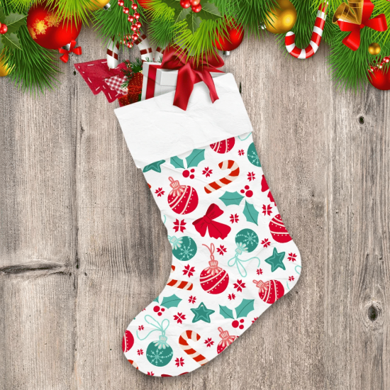 Holly Christmas Candy Cane Balls Star And Bow Christmas Stocking