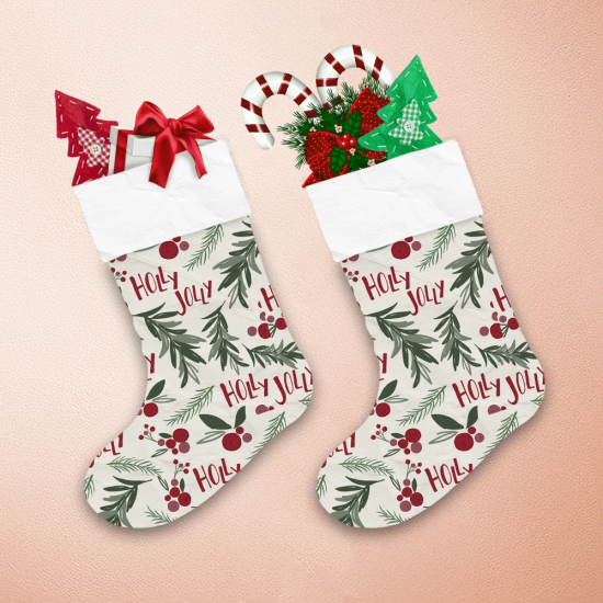 Holly Jolly Leaf And Berries On White Background Christmas Stocking 1
