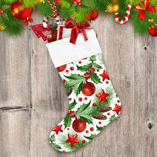 Holly Leaves Christmas Tree With Cones Stars And Balls Christmas Stocking