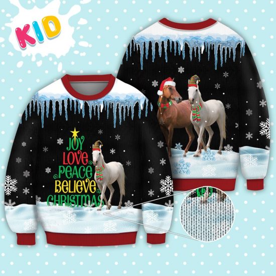 Horse Joy Love Peace Believe Christmas Sweater Christmas Knitted Sweater Print Fashion Sweatshirt For Everyone 1