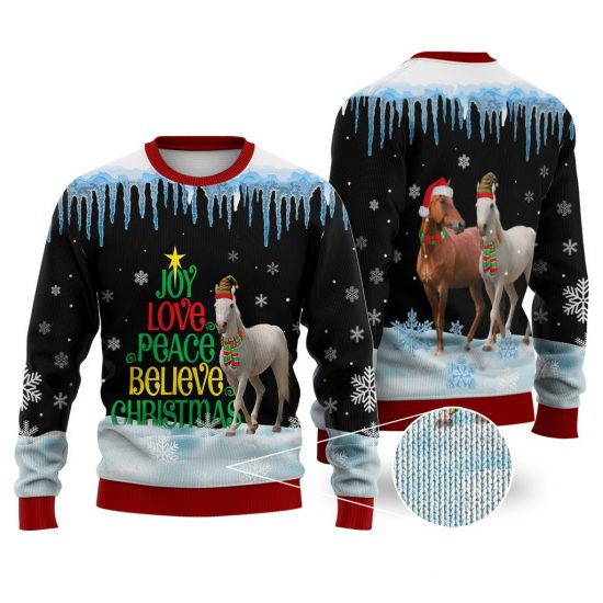 Horse Joy Love Peace Believe Christmas Sweater Christmas Knitted Sweater Print Fashion Sweatshirt For Everyone