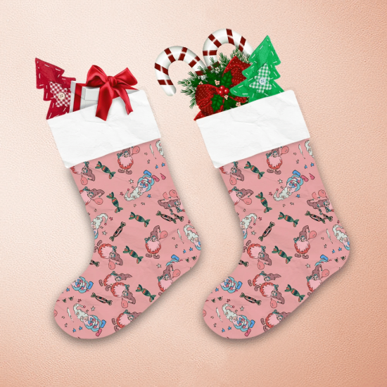 Ideal Cartoon Gnomes And Candies On Pink Background Christmas Stocking 1
