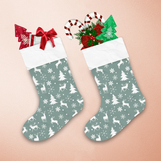 Illustrated White Reindeer Snowflakes And Trees Pattern Christmas Stocking 1