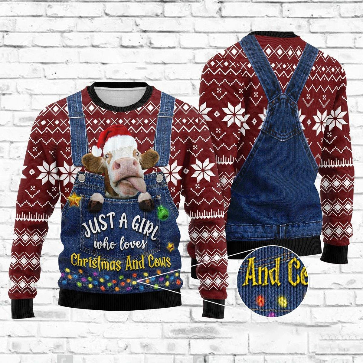 Just-A-Girl-Who-Loves-Cow-Christmas-Sweatshirt Just A Girl Who Loves Cow Christmas Sweatshirt