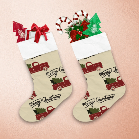 Lettering Merry Christmas Script With Retro Truck Pattern Christmas Stocking 1