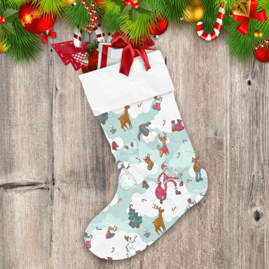 Light Color Christmas Santa Claus Baby Dogs On Sky Christmas Stocking