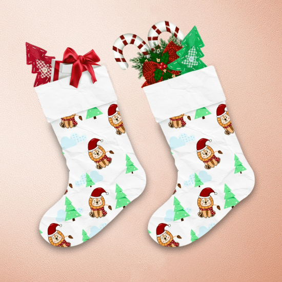 Lion Wearing Christmas Hat Tree And Clouds Christmas Stocking 1