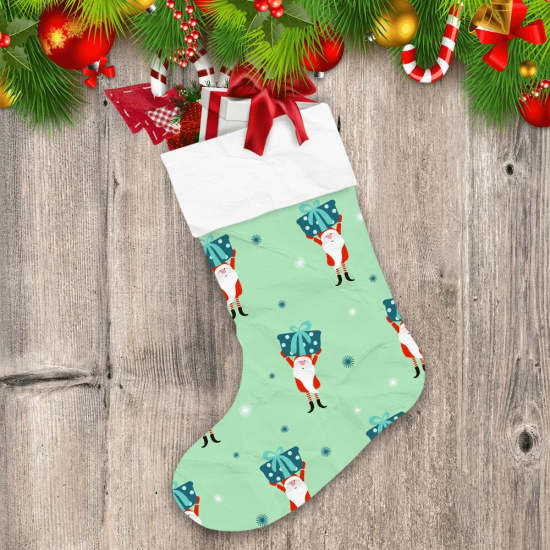 Little Gnome In Santa Suit With Blue Gift Boxes Christmas Stocking