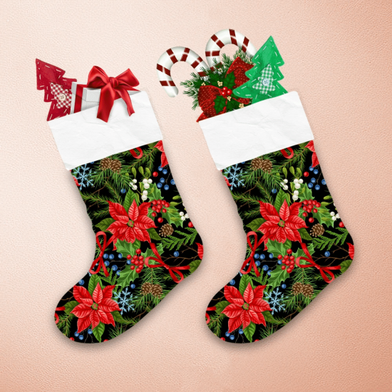 Lively Christmas Garden With Red Flower Branches And Snowflakes Christmas Stocking 1