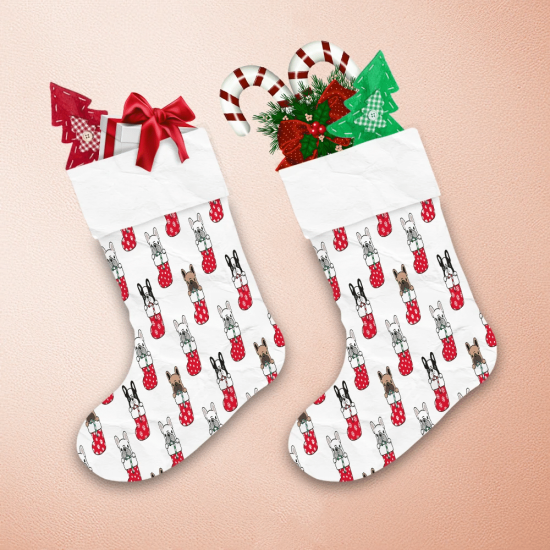 Lovely Bulldog In Sock Santa Claus Xmas Snowflakes Pattern Christmas Stocking 1