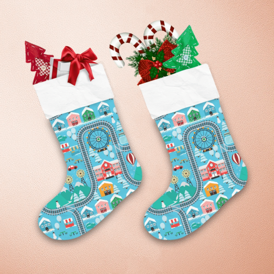 Lovely Snowy City Lanscape With Train Road Pattern Christmas Stocking 1
