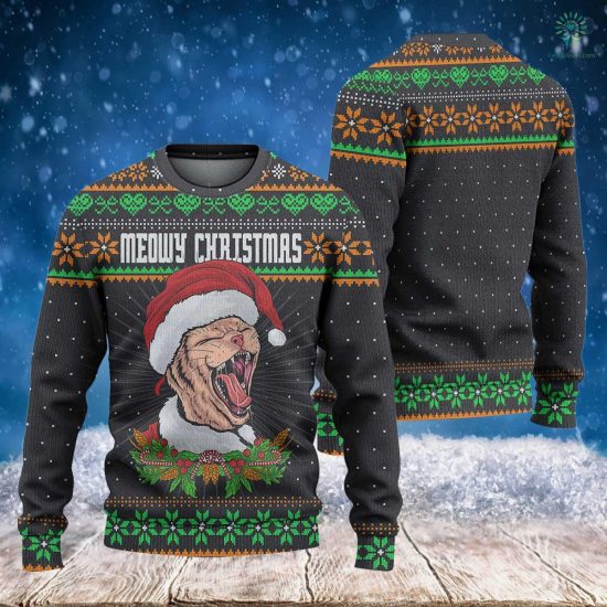 Meowy Christmas Sweatshirt - Ugly Christmas Sweatshirt - Funny Cat Christmas - Knitted Animal Cat - Christmas Sweatshirt